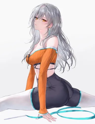 qiandaiyiyu, honkai (series), honkai: star rail, stelle (honkai: star rail), 1girls, earrings, female, female focus, female only, flexible, gold eyes, grey hair, gymnast, gymnastics, light skin, light-skinned female, long hair, looking at viewer, shoulderless shirt, silver hair, split, splits, splits position, sports uniform, sportswear, topwear, yellow eyes, tagme