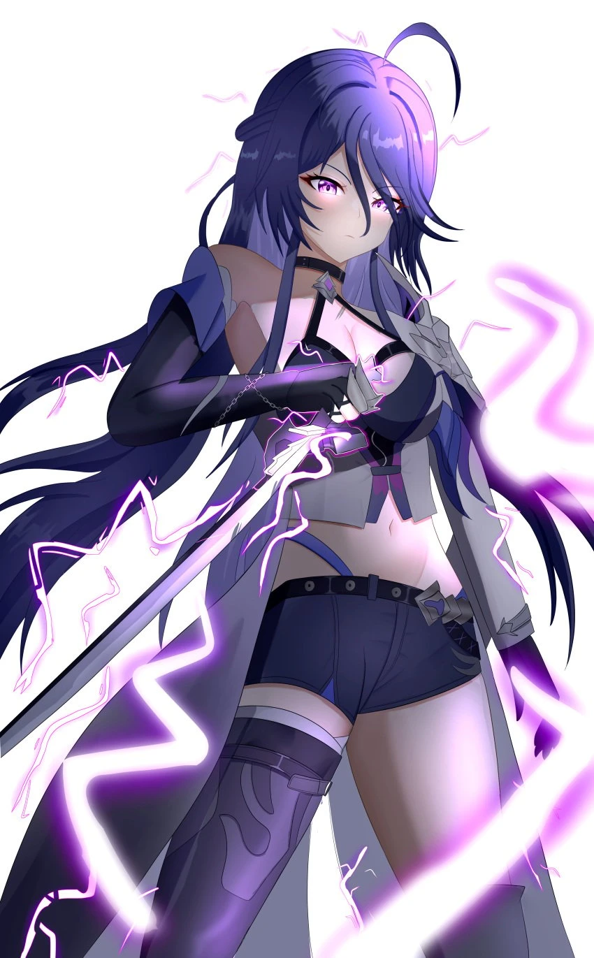 honkai (series), honkai: star rail, mihoyo, acheron (honkai: star rail), black choker, breasts, choker, cleavage, female, gloves, large breasts, long hair, long sleeves, looking at viewer, navel, purple eyes, purple hair, single bare shoulder, smile, solo, yissou art, absurdres, highres