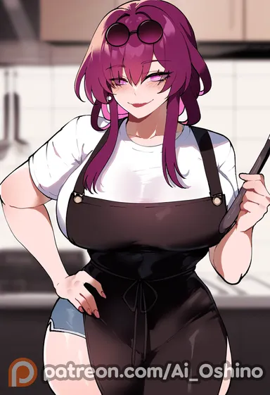 hoshino ai (generated), honkai (series), honkai: star rail, kafka (honkai: star rail), apron, black apron, cooking, female, kitchen, large breasts, looking at viewer, micro shorts, milf, mommy, naughty face, ponytail, purple hair, see-through, sunglasses, t-shirt, thick ass, thick thighs, upper body, wet, ai generated, highres, portrait