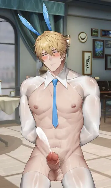 asaifrit, honkai: star rail, gepard (honkai: star rail), 1boy, abs, big balls, blonde hair, blue eyes, blush, boner, bunny ears, bunnysuit, cock, cum, cumming, male, male focus, male only, muscular, muscular male, orgasm, orgasm face, penis