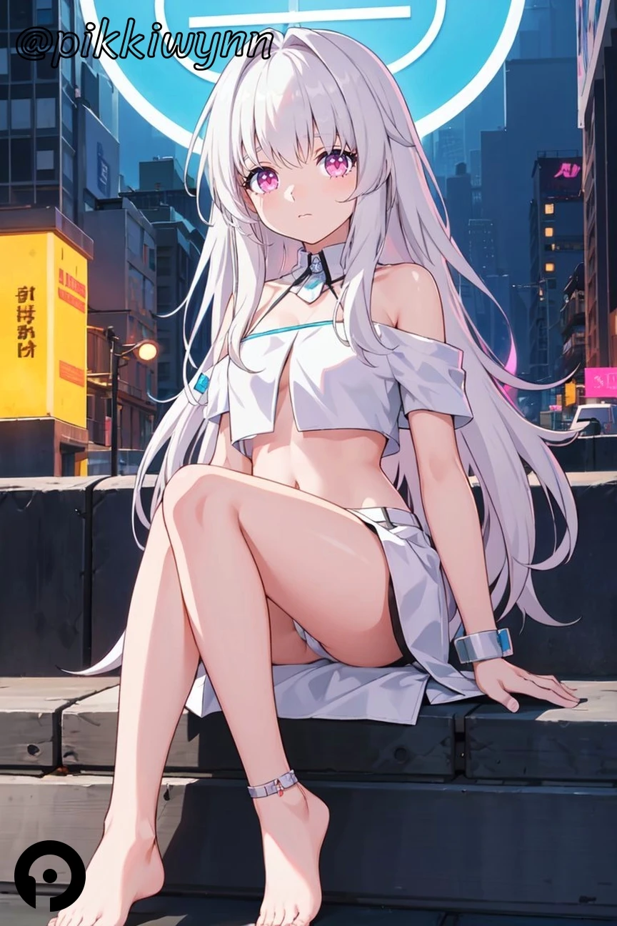 pikkiwynn, honkai (series), honkai: star rail, clara (honkai: star rail), anklet, bare legs, bare shoulders, barefoot, breasts, crop top, feet, female, halo, jewelry, legs, long hair, looking at viewer, midriff, miniskirt, navel, off shoulder, outdoors, panties, pink eyes, shirt, sitting, skirt, solo, stomach, thighs, toes, underwear, very long hair, white hair, white panties, white shirt, white skirt, ai generated