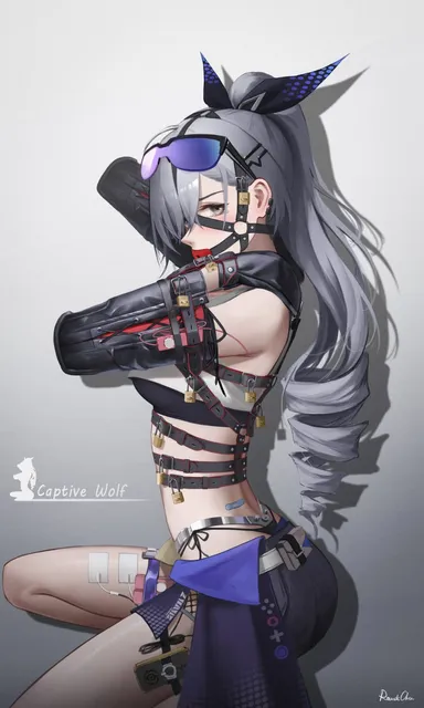 roundschen, honkai (series), honkai: star rail, silver wolf (honkai: star rail), 1girls, ass, ball gag, bandaid, bitchsuit, black panties, bondage, bondage mittens, breasts, chastity, chastity belt, crop top, drill hair, drill ponytail, earrings, electrostimulation, gag, gagged, grey eyes, grey hair, hair ribbon, hairclip, harness ball gag, kneeling, lock, looking at viewer, medium breasts, midriff, padlock, panties, pet play, petplay, ponytail, shorts, side-tie panties, slave, sunglasses, sunglasses on head, thigh strap, vibrator, vibrator cord, vibrator in thigh strap, white crop top