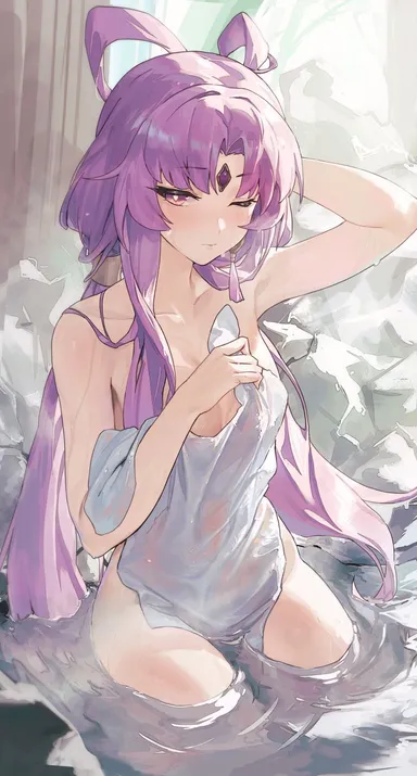 r1zen, honkai: star rail, fu xuan (honkai: star rail), armpit, bathing, hot spring, long hair, looking at viewer, medium breasts, naked towel, one arm up, one eye closed, partially submerged, purple eyes, purple hair, towel