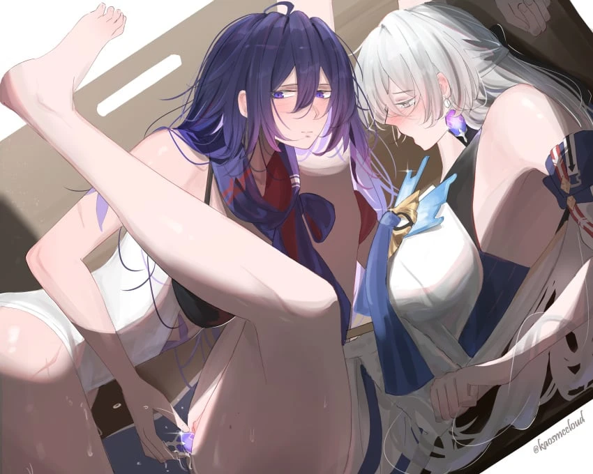 honkai (series), honkai: star rail, bronya rand, seele (honkai: star rail), 2girls, ahoge, bare shoulders, barefoot, blush, clitoris, colored inner hair, earrings, english commentary, grey eyes, heart, jewelry, kaosmccloud, long hair, multicolored hair, multiple girls, object insertion, purple eyes, purple hair, pussy, scarf, spoken heart, very long hair, yuri, highres, uncensored