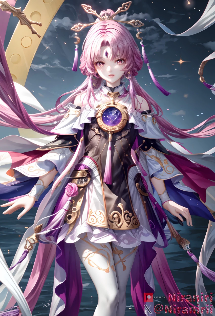 niraniri, honkai (series), honkai: star rail, fu xuan (honkai: star rail), bangs, bare shoulders, cloud, detached sleeves, dress, facial mark, female, forehead mark, hair ornament, hair rings, long hair, looking at viewer, night, night sky, pantyhose, parted bangs, parted lips, pink hair, sidelocks, sky, solo, standing, tassel, water, absurdres, ai generated, highres, watermark