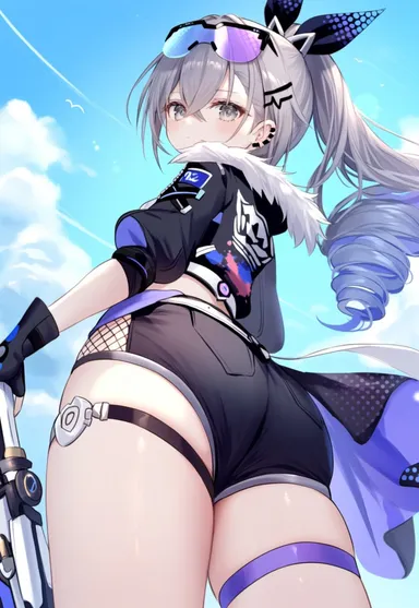 honkai: star rail, hoyoverse, silver wolf (honkai: star rail), 1girls, ass, ass focus, drill ponytail, female, fingerless gloves, from behind, fur trim, gloves, hairbow, jacket, long hair, looking at viewer, looking back, ponytail, shades, short shorts, silver eyes, silver hair, sunglasses, thick thighs, thigh strap, thighs, ai generated, hi res, highres