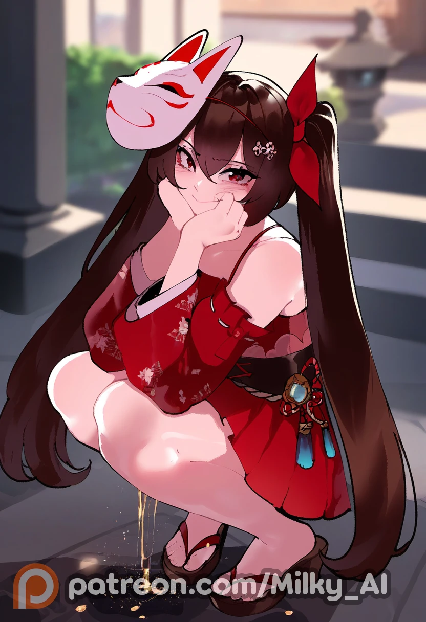 milky ai, thiccwithaq (ai style), honkai (series), honkai: star rail, sparkle (honkai: star rail), 1girls, blush, fox mask, looking at viewer, peeing self, pink eyes, public, smirking, squatting, twintails, ai generated, hi res, portrait