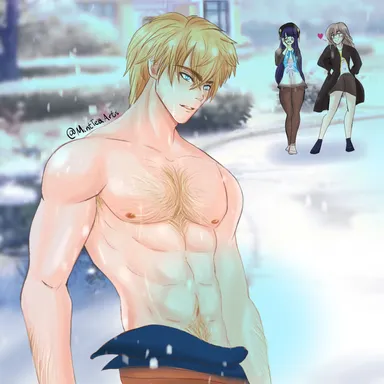 mintteaarts, honkai: star rail, gepard (honkai: star rail), pela (honkai: star rail), stelle (honkai: star rail), 1boy, 2girls, abs, arm hair, armpit hair, blue eyes, blush, chest hair, hairy, heart, house, male focus, muscles, muscular, nipples, outdoors, outside, panting, pants, shirtless, shirtless male, shoulders, snow, sweat, sweating, watching