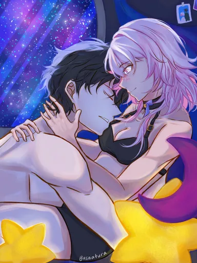 honkai: star rail, dan heng, march 7th (honkai: star rail), 1boy, 1girls, black hair, blush, nude male, pink hair, romantic, starry sky