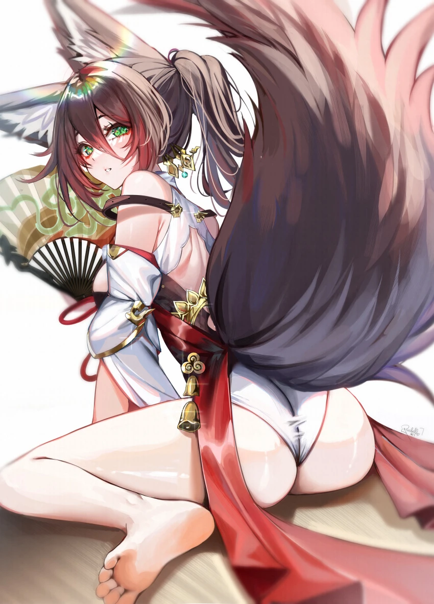 rosebell (artist), honkai: star rail, tingyun (honkai: star rail), 1girls, animal ears, ass, back view, barefoot, big ass, big butt, brown hair, feet, female, female only, fox ears, fox girl, fox tail, green eyes, hand fan, looking at viewer, looking back, on floor, panties, ponytail, solo, solo female, tail, thick ass, hi res, highres