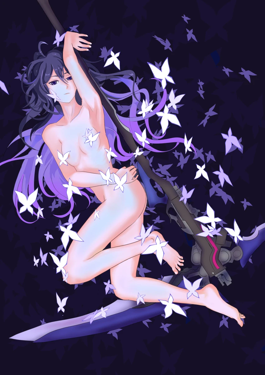 honkai: star rail, seele (honkai: star rail), armpits, blue eyes, blue hair, butterfly, completely nude, feet, from above, hand on hip, laying down, long hair, multicolored hair, naked female, nude female, purple hair, small breasts, weapon, convenient censoring