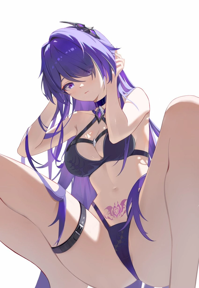 blhazx, honkai (series), honkai: star rail, acheron (honkai: star rail), 1girls, bare arms, bare shoulders, bikini, black bikini, breasts, cleavage, female, female only, hair ornament, hair over one eye, long hair, looking at viewer, medium breasts, navel, pubic tattoo, purple eyes, purple hair, simple background, solo, squatting, stomach, swimsuit, tattoo, thigh strap, thighs, very long hair, white background, absurdres, commentary request, highres