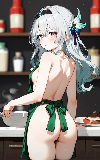 snowy yukino, honkai: star rail, hoyoverse, starbucks, firefly (honkai: star rail), areola slip, ass, ass focus, blush, from behind, implied lactation, naked apron, sideboob, ai generated