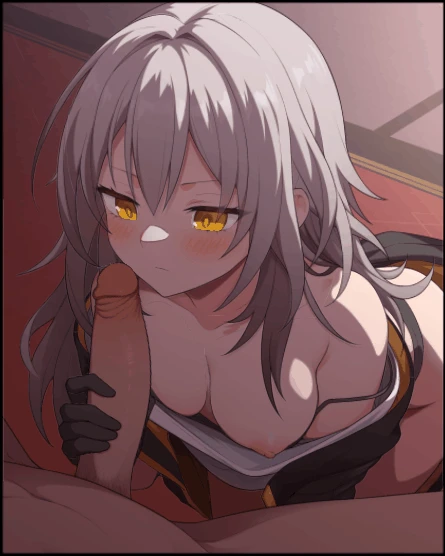 waero, honkai (series), honkai: star rail, stelle (honkai: star rail), 1boy, bare shoulders, black gloves, black jacket, blush, bra, bra pull, breasts, closed mouth, clothes pull, collarbone, erection, female, gloved handjob, gloves, grey hair, hair between eyes, handjob, jacket, long hair, long sleeves, nipples, one breast out, open mouth, penis, shirt, smelling, smelling penis, solo focus, straight, underwear, white shirt, yellow eyes, animated, uncensored