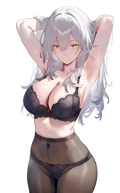 setsuaiart, honkai: star rail, stelle (honkai: star rail), armpits, arms up, ass visible through thighs, bare arms, bare shoulders, belly button visible through clothing, big breasts, black bra, black panties, black pantyhose, bra, breasts, cleavage, closed mouth, collarbone, grey hair, lace-trimmed bra, lace-trimmed panties, long hair, panties, panties under pantyhose, pantyhose, smile, sweatdrop, thighs, underwear, yellow eyes, ai generated