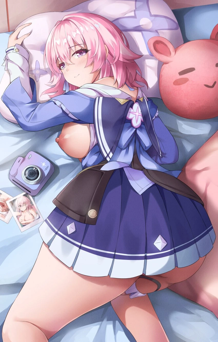 zuikillme, honkai (series), honkai: star rail, march 7th (honkai: star rail), 1girls, breasts out, breasts out of clothes, camera, photograph, pillow, pillow grab, pink hair