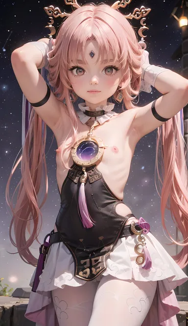 cortezian generations, honkai (series), honkai: star rail, patreon, fu xuan (honkai: star rail), 1girls, armpits, bare breasts, bare shoulders, blush, cameltoe, dress, female, flat chest, forehead jewel, gloves, gold eyes, hair ornament, hairbow, leash, long hair, low twintails, night sky, nipples, petite, pink hair, small breasts, solo, stars, stockings, tassel, thick thighs, thighs, twintails, ai generated, hi res