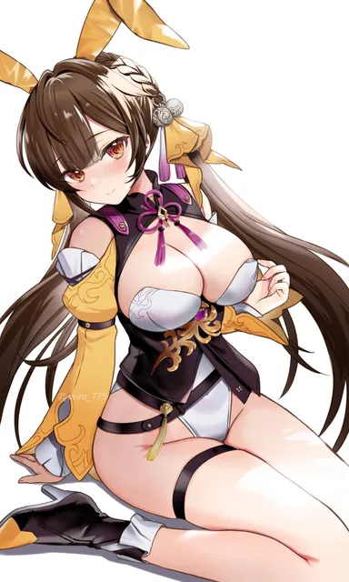 seiru 775, honkai (series), honkai: star rail, sushang (honkai: star rail), 1girls, big ass, big breasts, blush, brown eyes, brown hair, bunny ears, high heel boots, high heels, looking at viewer, partially clothed, sitting, solo, thighs