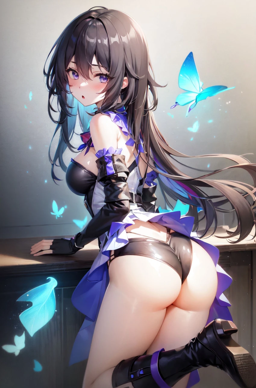 honkai: star rail, seele (honkai: star rail), ass, ass focus, bare shoulders, black hair, blue hair, blush, boots, breasts, female, fingerless gloves, from behind, gloves, huge ass, leotard, long hair, looking at viewer, medium breasts, multicolored hair, open mouth, purple eyes, shiny, shiny clothes, shiny hair, shiny skin, short shorts, shorts, showgirl skirt, sideboob, solo, thighhighs, very long hair, ai generated