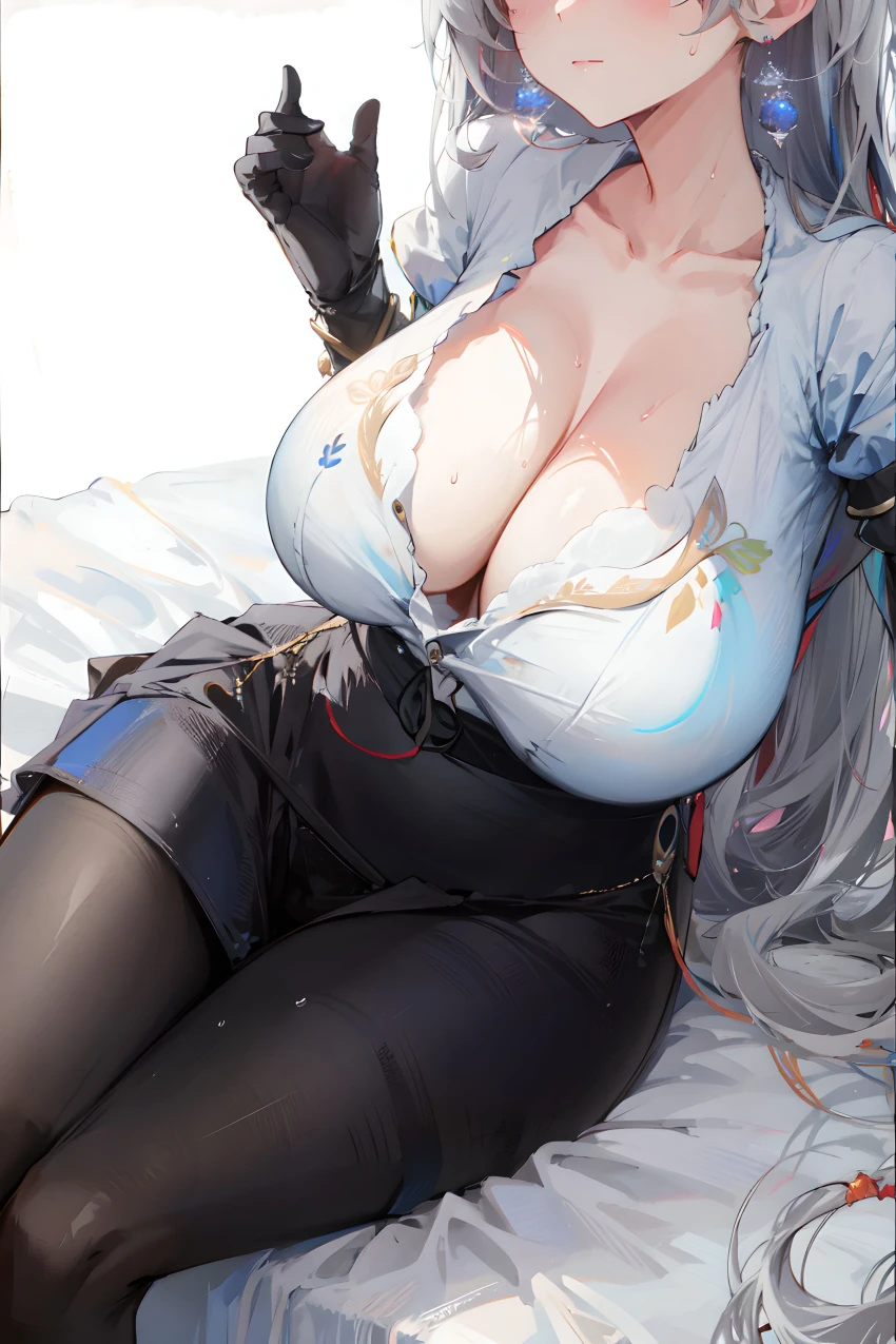 stable diffusion, honkai (series), honkai: star rail, bronya rand, 1girls, black legwear, blush, breasts, cleavage, curvaceous, curvy body, curvy figure, earrings, female focus, female only, huge breasts, looking at viewer, office lady, seductive look, solo female, solo focus, thick thighs, ai generated