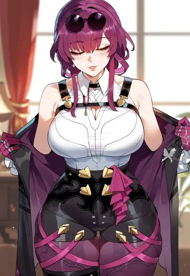 creamy ai, honkai: star rail, kafka (honkai: star rail), bare shoulders, cleavage cutout, closed eyes, curvy, high-waist shorts, jacket, large breasts, narrow waist, pantyhose, purple hair, purple pantyhose, shirt, thick thighs, undressing, white shirt, wide hips, ai generated