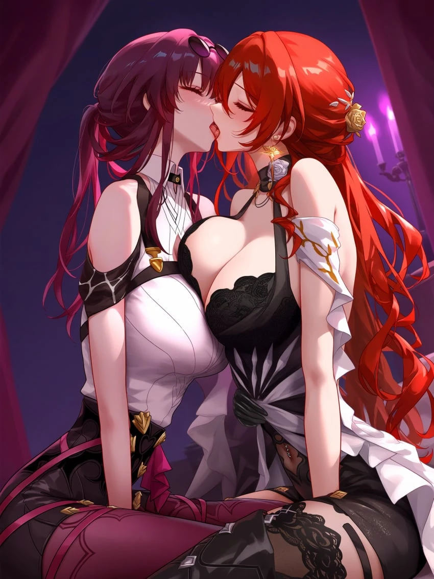 honkai (series), honkai: star rail, hoyoverse, himeko (honkai: star rail), kafka (honkai: star rail), 2girls, big breasts, enemies to lovers, kissing, lesbian, lesbian kiss, lesbians, yuri, ai generated