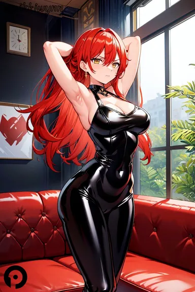 pikkiwynn, honkai (series), honkai: star rail, himeko (honkai: star rail), armpits, arms behind head, arms up, bangs, bare shoulders, bodysuit, breasts, cleavage, closed mouth, couch, covered navel, earrings, female, hair between eyes, indoors, jewelry, large breasts, latex, long hair, looking at viewer, mole, red hair, shiny clothes, skin tight, sleeveless, solo, standing, v-shaped eyebrows, window, yellow eyes, ai generated