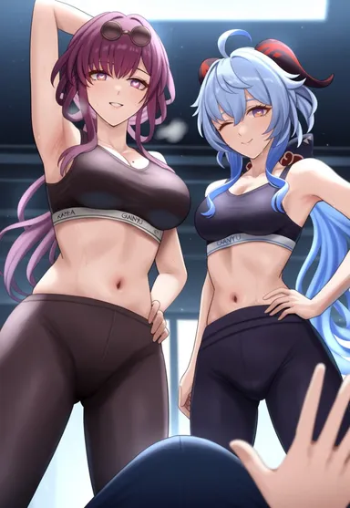 genshin impact, honkai: star rail, aether (genshin impact), ganyu (genshin impact), kafka (honkai: star rail), ;), 1boy, 2girls, arm behind head, bare shoulders, big breasts, black sports bra, black yoga pants, bulge, eyewear on head, hand on hip, heart eyes, looking at viewer, looking down, lustful gaze, midriff, one eye closed, pov, pov hands, seductive smile, smile, sports bra, sunglasses, sweat, trembling, wink, yoga pants, ai generated, highres