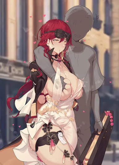 caisan, honkai (series), honkai: star rail, himeko (honkai: star rail), 1boy, arms behind back, ass, black jacket, blush, breasts, condom, condom packet strip, condom wrapper, dress, female, grabbing, grabbing another's breast, groping, heart, jacket, lactation, lactation through clothes, large breasts, long hair, multiple condoms, open clothes, open jacket, red hair, see-through, sweat, thick thighs, thighs, used condom, white dress, yellow eyes