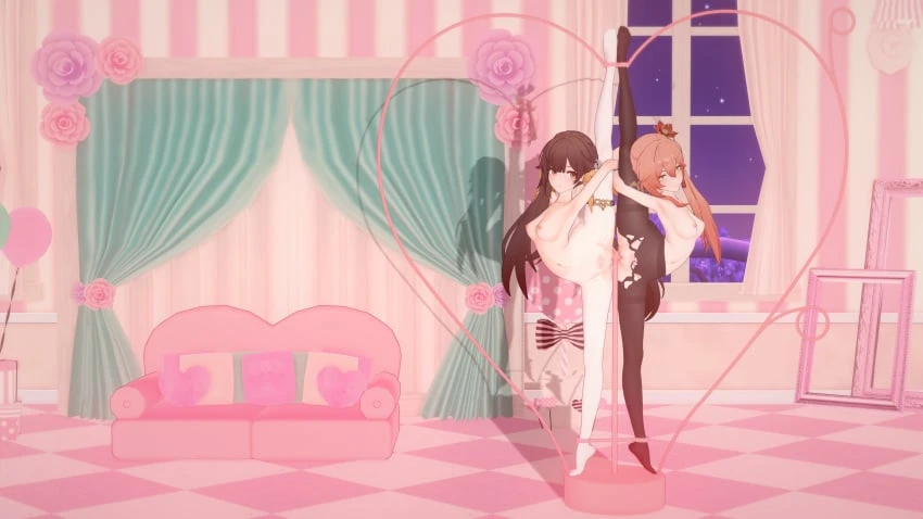 honkai (series), honkai: star rail, guinaifen (honkai: star rail), sushang (honkai: star rail), bedroom, bondage, bound, bound together, brown hair, exhibitionism, heart, legs held open, legs spread, legs up, naked, orange hair, shared object insertion