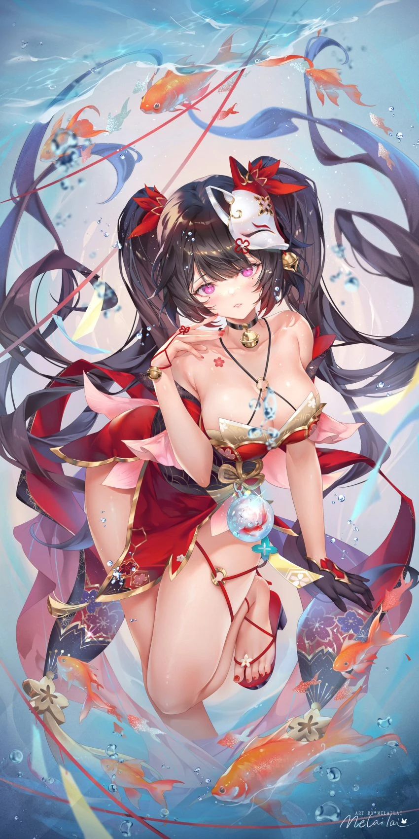 melailai, honkai: star rail, sparkle (honkai: star rail), black hair, gloves, hair ornament, japanese clothes, koi fish, long hair, mask on head, medium breasts, no bra, pink eyes, sandals, thick thighs, twintails