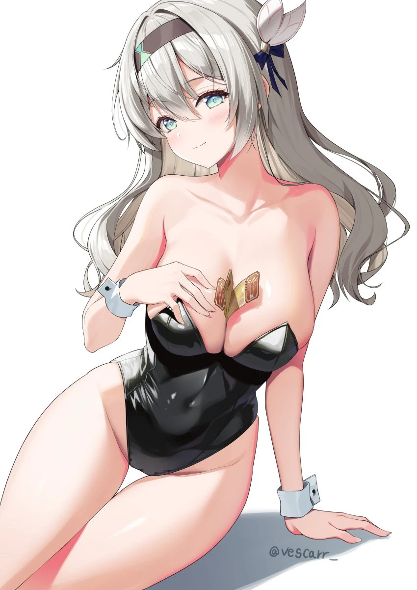 honkai: star rail, firefly (honkai: star rail), bunny ears, bunny girl, bunnysuit, hips, large breasts, large thighs, object between breasts, thighs, tickets, yokozuwari, artist name, signature