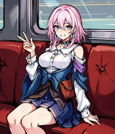 leukocrisp, stable diffusion, honkai (series), honkai: star rail, march 7th (honkai: star rail), 1girls, anime nose, bangs, blue eyes, clothed female, collar, earrings, hair between eyes, looking at viewer, necklace, peace sign, pink hair, short hair, sitting, sitting on seat, skirt, solo female, train interior, 2023, ai generated