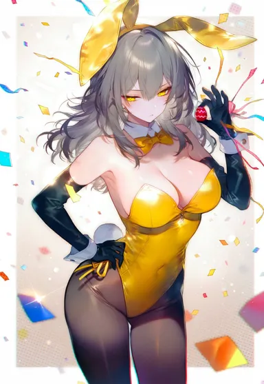 diffirresponsibly, honkai: star rail, stelle (honkai: star rail), 1girls, breasts, bunny ears, bunny tail, bunnysuit, cleavage, female, female only, grey hair, large breasts, solo, thighs, wide hips, yellow eyes, ai generated, high resolution, very high resolution