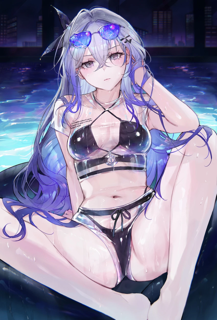 qiandaiyiyu, honkai: star rail, silver wolf (honkai: star rail), 1girls, arm support, blush, cityscape, eyewear on head, female, female only, light skin, light-skinned female, medium breasts, panties, see through clothing, sitting, solo, spread legs, sunglasses on head, swimming pool, swimsuit, thighs, water, wet, text