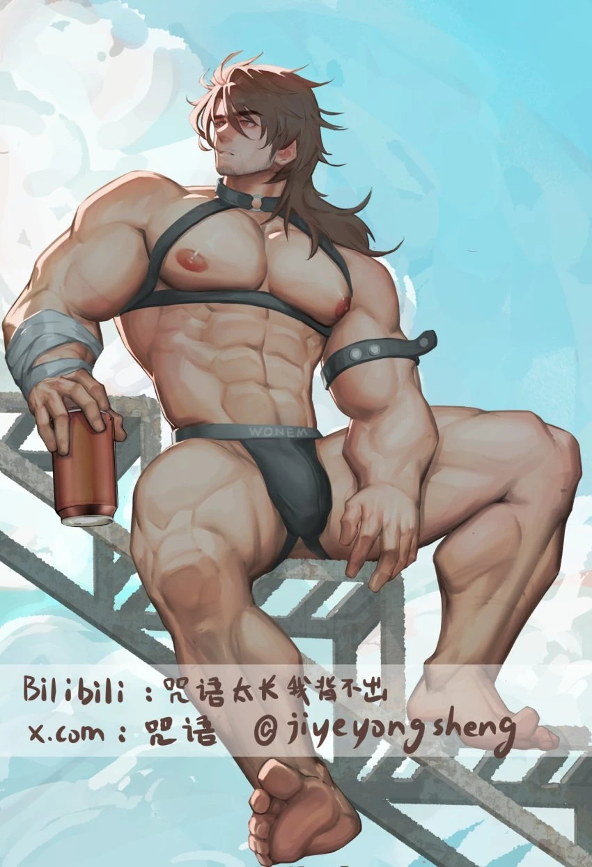 jiyeyongsheng, honkai: star rail, gallagher (honkai: star rail), 1boy, bara, barazoku, beard stubble, bulge, jockstrap, male, male nipples, male only, manly, mature male, muscular male, nipples, penis outline, underwear, 2024, hi res, highres