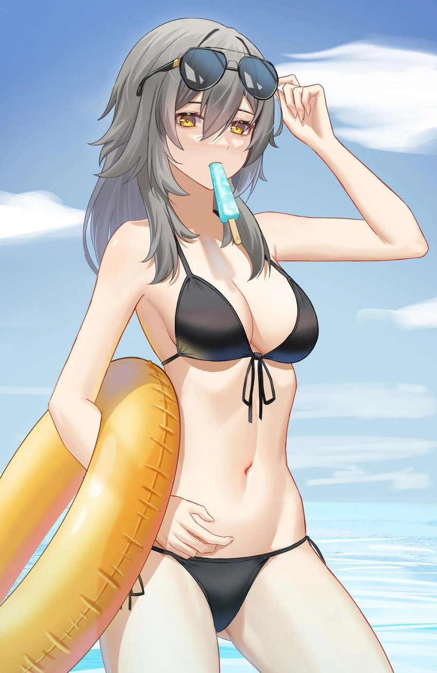 honkai (series), honkai: star rail, stelle (honkai: star rail), arm up, bare arms, bare shoulders, bikini, black bikini, black-framed eyewear, blue sky, breasts, cleavage, cloud, collarbone, day, eyebrows hidden by hair, eyewear on head, female, food, food in mouth, front-tie bikini top, front-tie top, grey hair, hair between eyes, halterneck, innertube, long hair, looking at viewer, medium breasts, navel, outdoors, popsicle, side-tie bikini bottom, sky, solo, string bikini, sunglasses, swimsuit, water, xian shui chang chong, absurdres, commentary request, highres