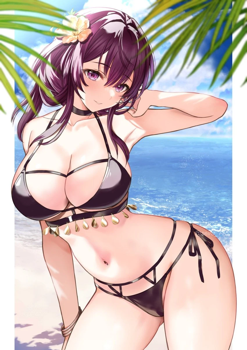 seiru (prairie), honkai (series), honkai: star rail, kafka (honkai: star rail), 1girls, bare arms, bare shoulders, beach, big breasts, bikini, black bikini, black choker, black swimsuit, black swimwear, blue sky, blush, blushing at viewer, breasts, choker, cleavage, collarbone, eyebrows visible through hair, flower, grin, grinning, grinning at viewer, hair between eyes, hair flower, hair ornament, huge breasts, large breasts, long hair, looking at viewer, navel, ocean, palm leaf, ponytail, purple eyes, purple hair, shore, side-tie bikini bottom, sidelocks, sky, smile, smiling, smiling at viewer, solo, swimsuit, swimwear, thighs, water, highres