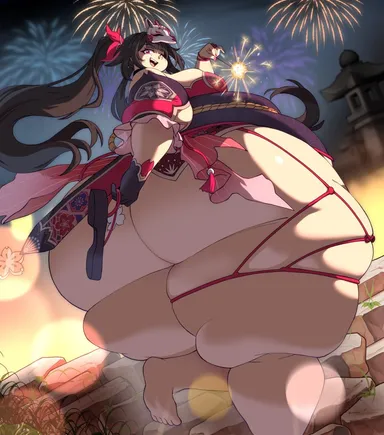 mralguienynadie, honkai (series), honkai: star rail, sparkle (honkai: star rail), 1girls, ass, bbw, brown hair, chubby, chubby female, curvy, curvy figure, dumptruck ass, female, female focus, fireworks, gigantic ass, gigantic thighs, hips, huge ass, huge thighs, long hair, looking back, mask, plump, sandals, solo, solo female, solo focus, thick thighs, thighs, twintails, voluptuous, wide hips, 2024, absurd res