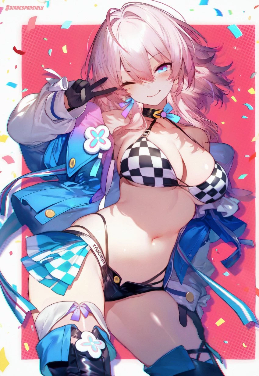 diffirresponsibly, honkai: star rail, hoyoverse, march 7th (honkai: star rail), 1girls, bra, breasts, cleavage, female, female only, gloves, large breasts, looking at viewer, one eye closed, solo, thighhighs, thighs, wide hips, ai generated, high resolution, very high resolution