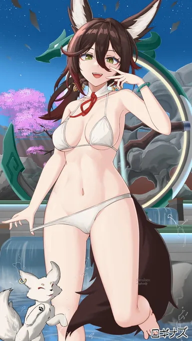 honkai: star rail, tingyun (honkai: star rail), brown hair, fox, fox ears, fox girl, green eyes, sembem, swimsuit, tagme