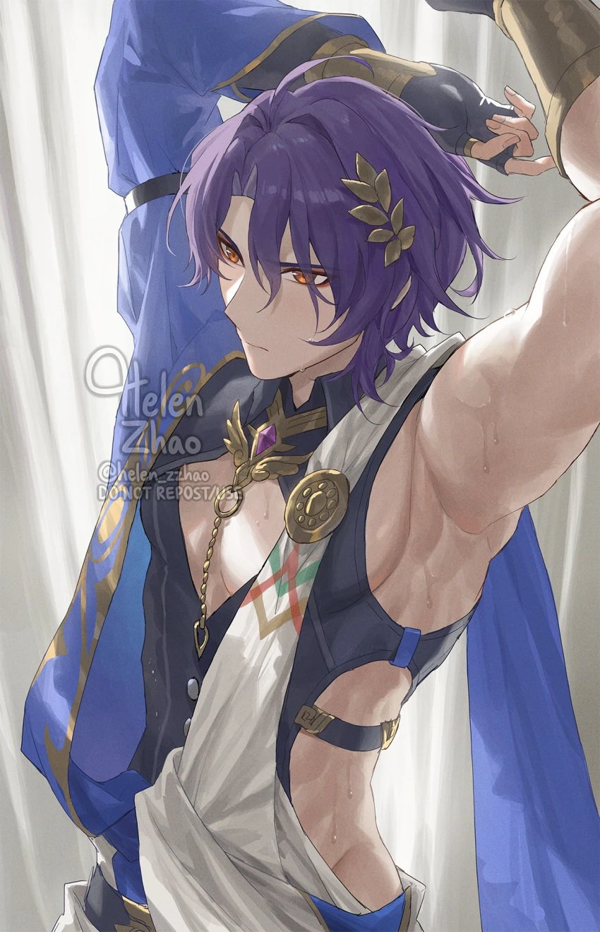 honkai: star rail, dr. ratio (honkai: star rail), abs, armpits, arms up, clothed, clothing, male, male focus, male only, muscular, muscular male, open clothes, pecs, pectorals, purple hair, side view, solo, solo focus, solo male, sweatdrop, sweating