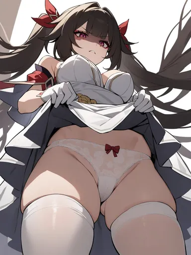 honkai: star rail, sparkle (honkai: star rail), 1girls, ass, big breasts, bra, brown hair, choker, clothing, dominant female, exhibitionism, legwear, long hair, maid, naughty face, panties, pink eyes, pussy, pussy lips, school uniform, skirt, skirt lift, teasing, thick thighs, upskirt, voluptuous, ai generated, hi res