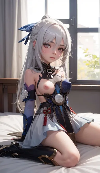 cortezian generations, honkai (series), honkai: star rail, hoyoverse, mihoyo, patreon, jingliu (honkai: star rail), 1girls, bare shoulders, blush, boots, clothing, dress, female, gloves, hard nipples, kneeling, long hair, nipples, no blindfold, one breast out, small breasts, solo, thick thighs, thighs, white hair, ai generated, hi res