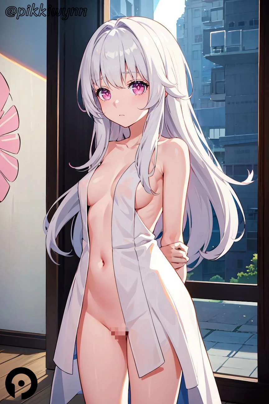 pikkiwynn, honkai (series), honkai: star rail, clara (honkai: star rail), arms behind back, bangs, bare shoulders, breasts, closed mouth, collarbone, cowboy shot, dress, female, hair intakes, long hair, looking at viewer, medium breasts, navel, pink eyes, pussy, sidelocks, solo, standing, stomach, white dress, white hair, ai generated