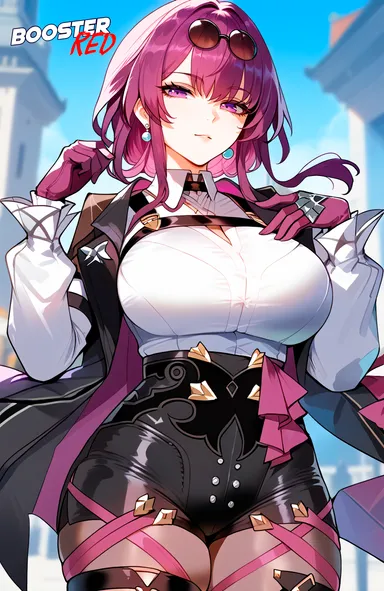 boosterred99, honkai: star rail, kafka (honkai: star rail), cleavage cutout, curvy, high-waist shorts, jacket, large breasts, narrow waist, pantyhose, purple eyes, purple hair, purple pantyhose, shirt, thick thighs, white shirt, wide hips, ai generated