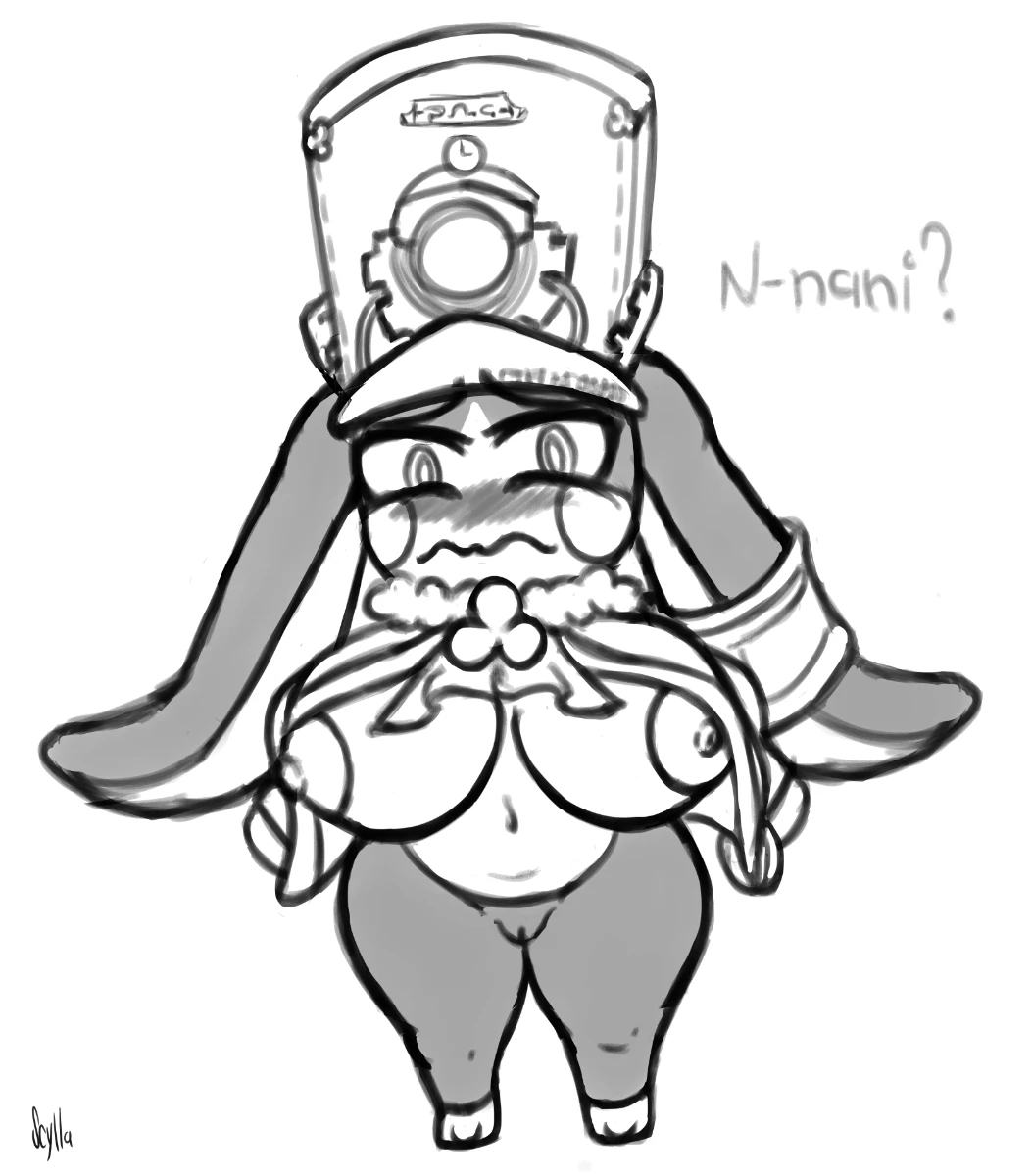 littlescylla, honkai: star rail, mihoyo, anthro, big breasts, blush, breasts, clothing, embarrassed, female, hat, headgear, headwear, lagomorph, leporid, long ears, mammal, nipples, rabbit, simple background, solo, thick thighs, wide hips, hi res, monochrome