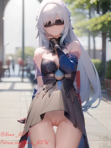 honkai (series), honkai: star rail, jingliu (honkai: star rail), blindfold, curvy, nsfw, pale skin, upskirt, white hair, ai generated