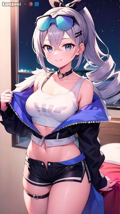 lunjuni, honkai (series), honkai: star rail, hoyoverse, mihoyo, patreon, silver wolf (honkai: star rail), 1girls, ass, blush, breasts, clothed, collarbone, cute, eyebrows, eyebrows visible through hair, eyelashes, eyewear, eyewear on head, female, front view, grey eyes, grey hair, hair between eyes, indoors, light skin, light-skinned female, looking at viewer, medium breasts, open jacket, ponytail, room, smile, solo, solo focus, standing, thick thighs, thighhighs, thighs, ai generated, hi res, highres, patreon username, stable diffusion, tagme, watermark