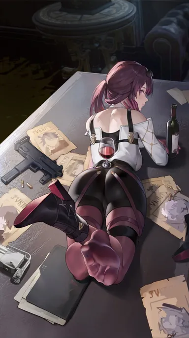 hle, honkai (series), honkai: star rail, hoyoverse, kafka (honkai: star rail), 1girls, back, back view, backboob, black shorts, black skirt, boot, boots, boots removed, bullet, bullets, clothed, clothed ass, clothed breasts, clothed female, coffee table, detached collar, dominant female, dommy mommy, feet, feet fetish, feet focus, feet soles, feet up, female, femdom, files, foot fetish, foot focus, foot sole, foot worship, girl, girl only, glasses, glasses on head, gloves, gun, latex, latex shorts, latex skirt, laying down, laying on stomach, laying on table, leather, leather clothing, leggings, looking at another, looking at viewer, looking back, mommy, mommy kink, one boot, ponytail, ponytail female, ponytail over shoulder, purple eyes, purple gloves, purple hair, purple leggings, purple legwear, purple tights, pussy bulge, removed boot, shirt, shorts, shoulder blades, shoulder strap, shoulderless shirt, shoulders, side boob, sideboob, smile, socks, socks on, sofa, sole, sole female, soles, soles of feet in socks, straps, sunglasses, sunglasses on head, table, tights, toes, wanted poster, white shirt, wine, wine bottle, wine glass, hi res, high res, high resolution, highres